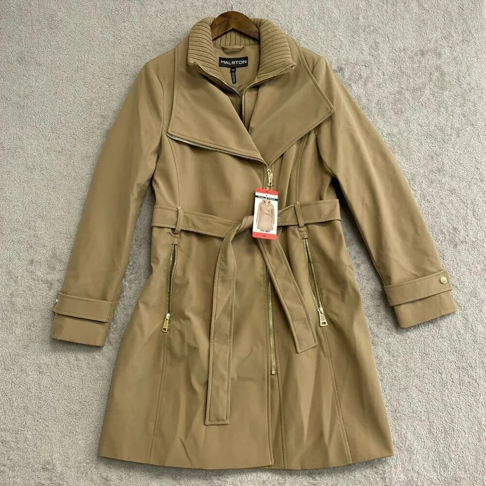NEW Halston Women's M Tan Belted Mid Length Trench Coat Full Zip Tan
